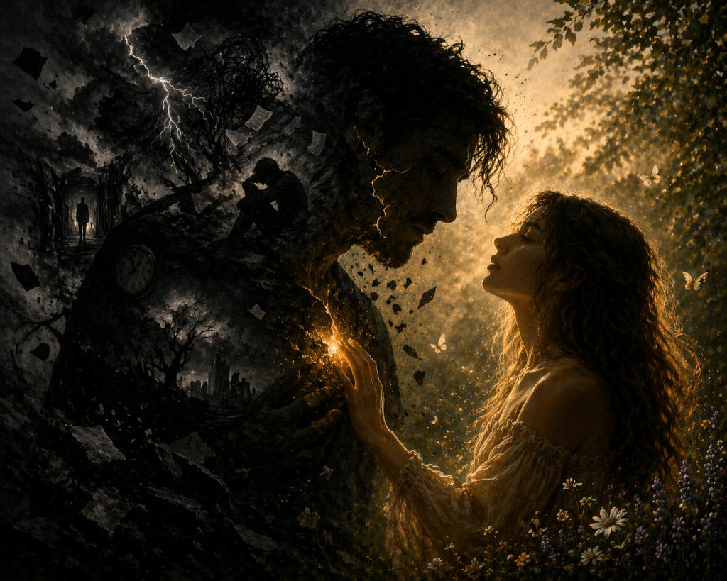 A surreal artwork depicting a woman and a man in a moment of connection, with the man's figure dissolving into a dark landscape filled with trees, lightning, and scattered pages. The woman seems to light up the man's face as butterflies flutter around them, symbolizing hope amidst despair.