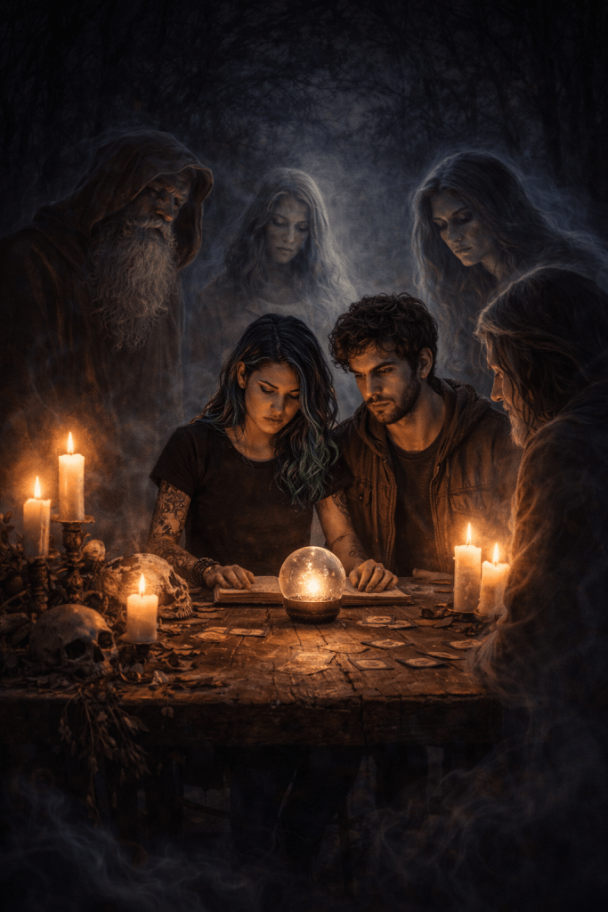 A group of five individuals, including a bearded old man and a woman with blue hair, gathered around a table adorned with candles, a crystal ball, and tarot cards, in a misty, dark forest setting.