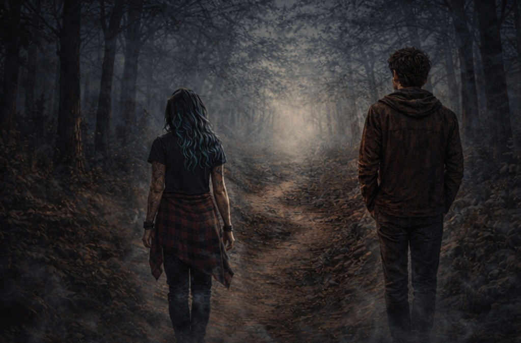 A boy and a girl walking on a misty forest path, with the girl wearing a black t-shirt and plaid shirt tied around her waist, and the boy in a hooded jacket.