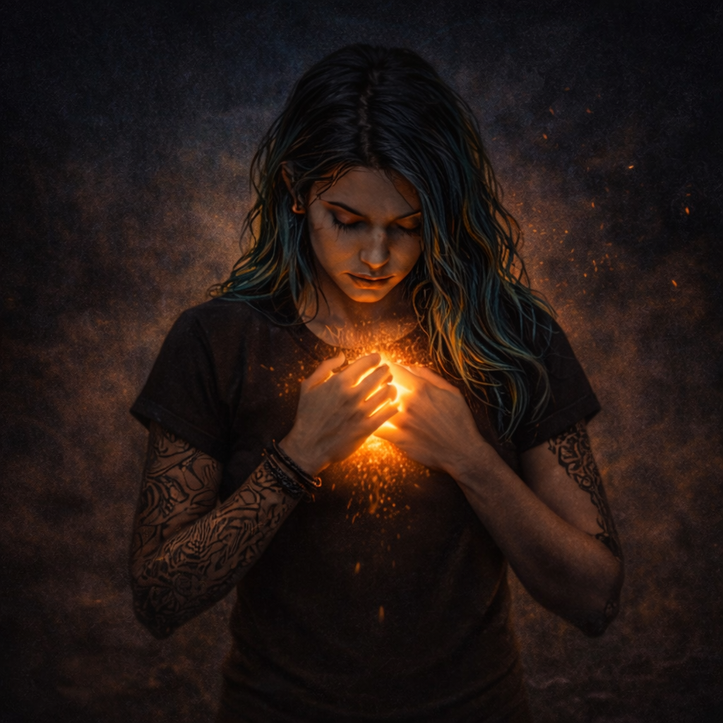A young woman with long, dark hair and colorful highlights stands with her hands over a glowing orb of light in her chest, surrounded by a dark, ethereal background.
