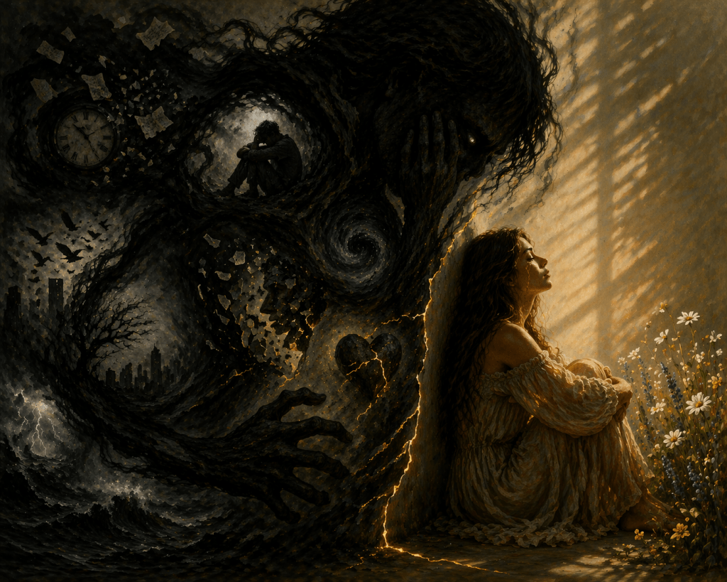 A contrasting image depicting a woman sitting quietly in a sunlit corner surrounded by flowers, while a dark, shadowy figure looms in the background, symbolizing struggle and inner turmoil.