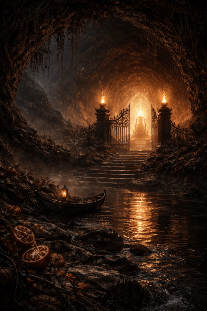 Dark, cave-like underworld with a narrow river in the foreground, a small boat with a lantern, and stone steps leading up to open iron gates glowing with warm light. Pomegranates rest along the rocky edges, suggesting mythic symbolism and passage.