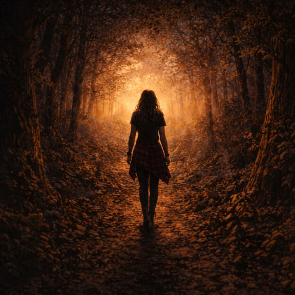 A person walking down a dark forest path, with a glowing light at the end, surrounded by trees and foliage.