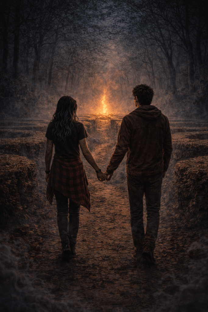 A couple holding hands while walking down a forest path towards a glowing fire, surrounded by trees and mist.